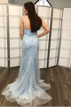 Long Blue Lace Spaghetti Straps Prom Dress Formal Evening Gowns 901400