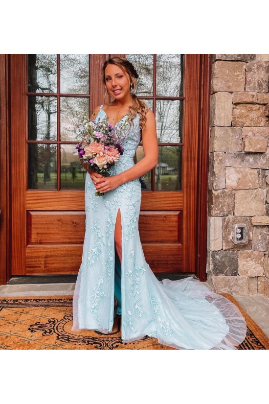 Long Blue Lace Spaghetti Straps Prom Dress Formal Evening Gowns 901400