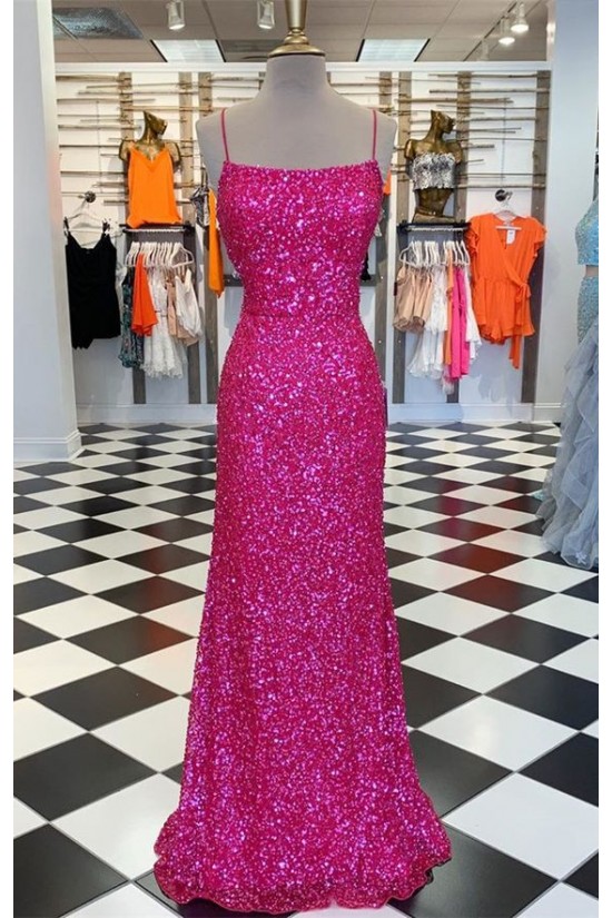 Elegant Spaghetti Straps Sequin Long Prom Dress Formal Evening Gowns 901406