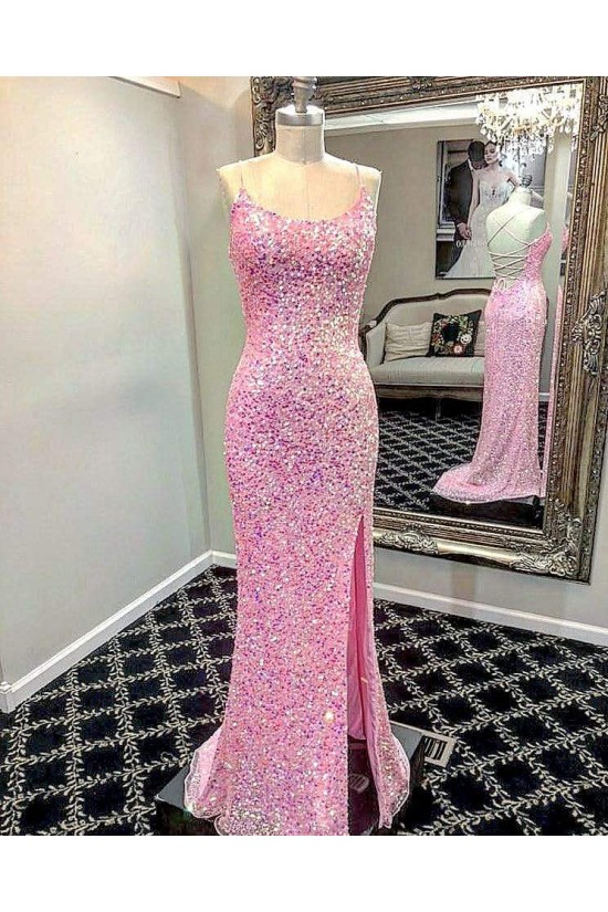 Elegant Spaghetti Straps Sequin Long Prom Dress Formal Evening Gowns 901406