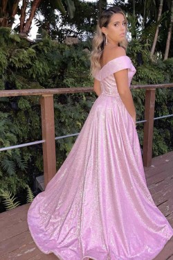 A-Line Off the Shoulder Sparkle Prom Dress Formal Evening Gowns 901408