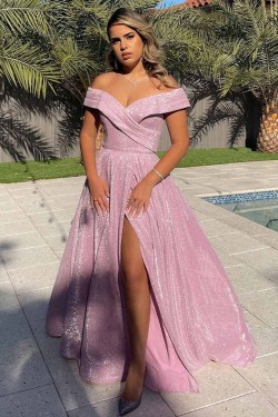 A-Line Off the Shoulder Sparkle Prom Dress Formal Evening Gowns 901408