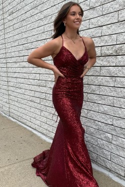 Mermaid Spaghetti Straps Sparkle Sequin Prom Dress Formal Evening Gowns 901409