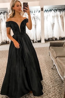 Long Black Off the Shoulder Prom Dress Formal Evening Gowns 901410