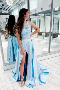 Long Blue Two Pieces Lace Prom Dress Formal Evening Gowns 901412