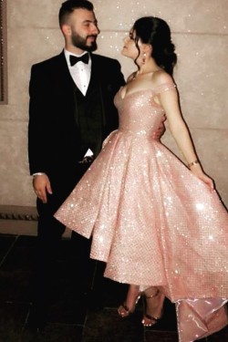 High Low Off-the-Shoulder Sparkle Prom Dress Formal Evening Gowns 901413