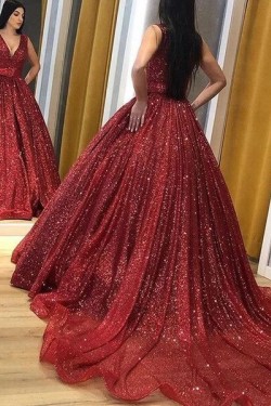 A-Line V Neck Sparkle Prom Dress Formal Evening Gowns 901420