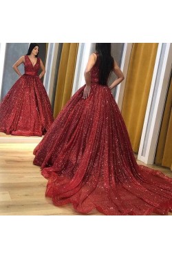 A-Line V Neck Sparkle Prom Dress Formal Evening Gowns 901420