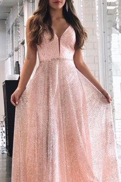 Long Pink Sequin Tulle Prom Dress Formal Evening Gowns 901421