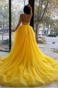 Long Yellow Spaghetti Straps Prom Dress Formal Evening Gowns 901424
