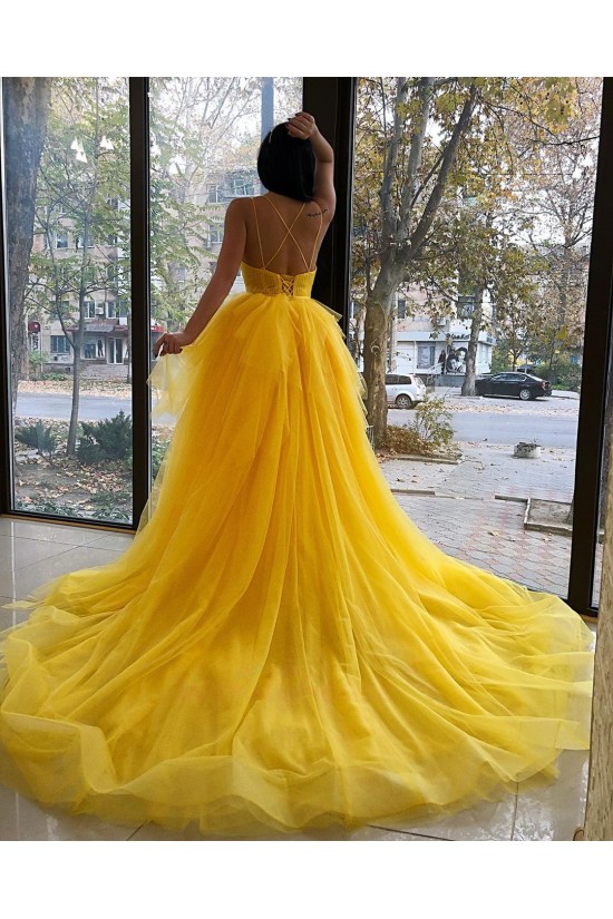 Long Yellow Spaghetti Straps Prom Dress Formal Evening Gowns 901424