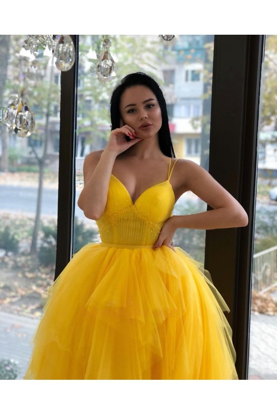 Long Yellow Spaghetti Straps Prom Dress Formal Evening Gowns 901424