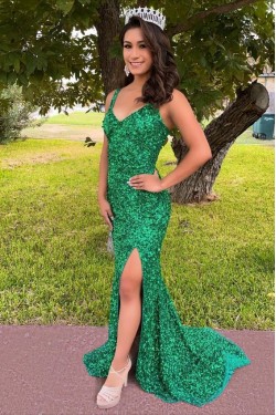 Elegant Long Green Sequin Prom Dress Formal Evening Gowns 901425