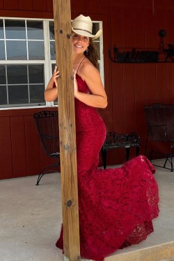 Mermaid Spaghetti Straps Lace Prom Dress Formal Evening Gowns 901427