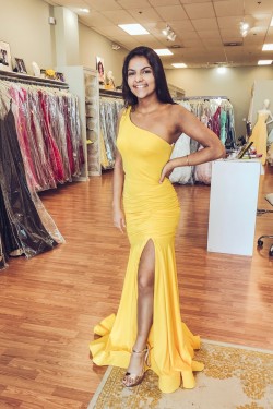 Long Yellow Mermaid One Shoulder Prom Dress Formal Evening Gowns 901428