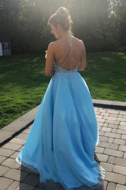 Long Blue Lace and Tulle Beaded Prom Dress Formal Evening Gowns 901429