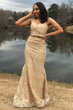 Mermaid Two Pieces Lace Long Prom Dress Formal Evening Gowns 901442