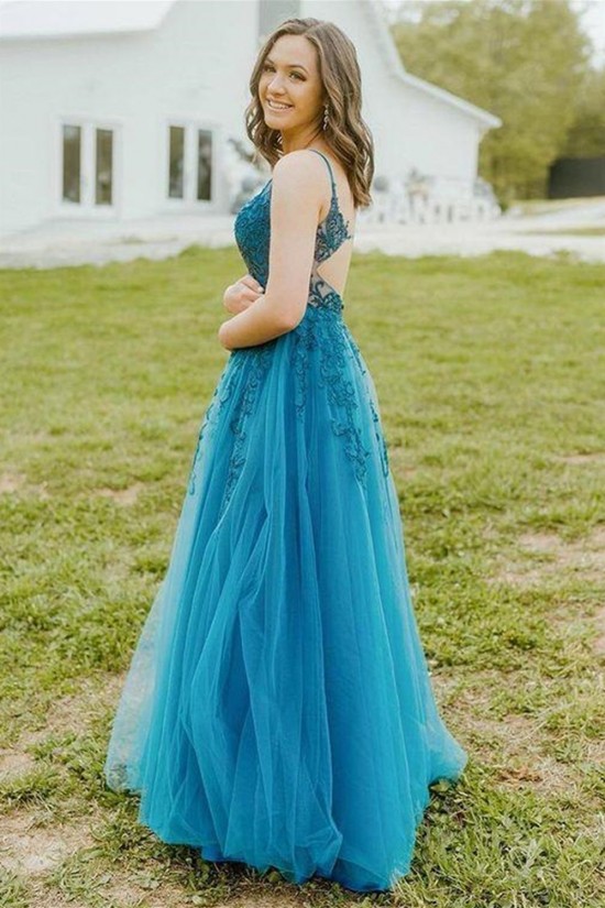 A-Line Lace Long Spaghetti Straps Prom Dress Formal Evening Gowns 901443
