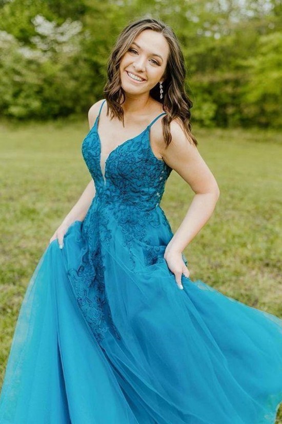 A-Line Lace Long Spaghetti Straps Prom Dress Formal Evening Gowns 901443