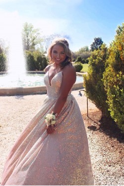 A-Line Sparkle V Neck Prom Dress Formal Evening Gowns 901452