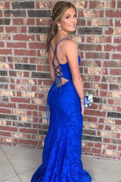 Long Royal Blue Mermaid Spaghetti Straps Lace Prom Dress Formal Evening Gowns 901453