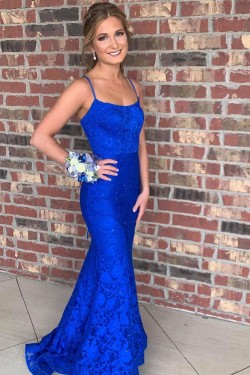 Long Royal Blue Mermaid Spaghetti Straps Lace Prom Dress Formal Evening Gowns 901453
