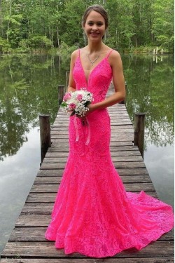 Elegant Mermaid Spaghetti Straps Lace Prom Dress Formal Evening Gowns 901455