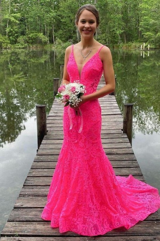 Elegant Mermaid Spaghetti Straps Lace Prom Dress Formal Evening Gowns 901455