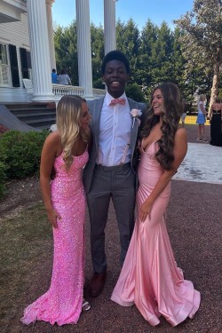 Long Pink Spaghetti Straps Sequin Prom Dress Formal Evening Gowns 901461