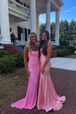 Long Pink Spaghetti Straps Sequin Prom Dress Formal Evening Gowns 901461