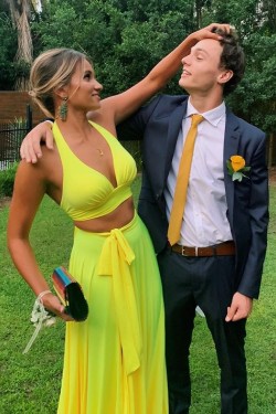 Long Yellow Two Pieces Prom Dress Formal Evening Gowns 901467