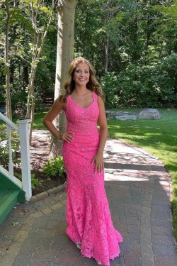 Long Pink Lace Prom Dress Formal Evening Gowns 901473