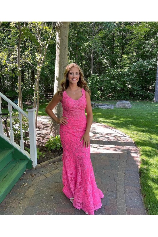 Long Pink Lace Prom Dress Formal Evening Gowns 901473 Long Pink Lace Prom Dress Formal Evening Gowns 901473