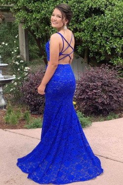 Long Royal Blue Lace Prom Dress Formal Evening Gowns 901478