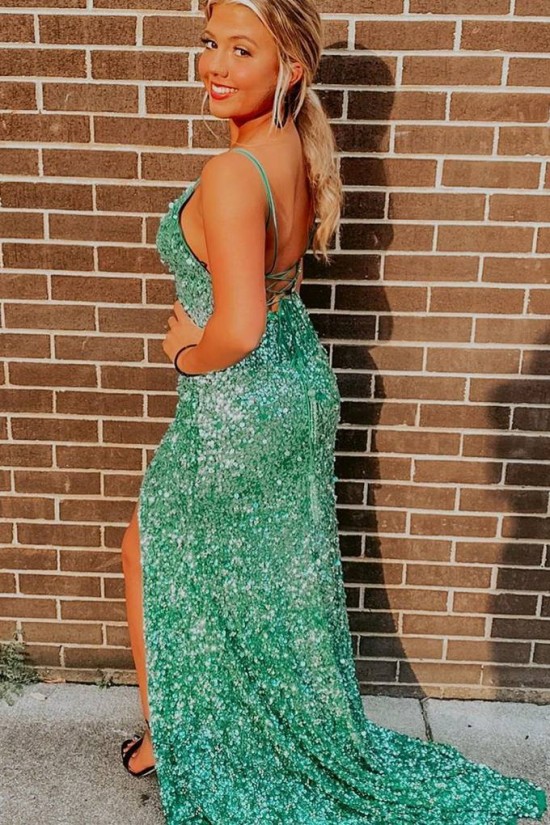 Long Green Sequin Spaghetti Straps Prom Dress Formal Evening Gowns 901479