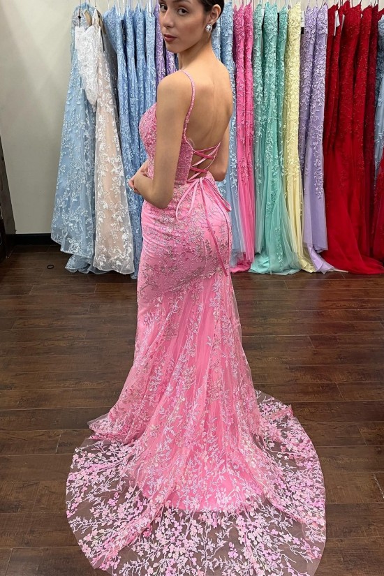 Long Pink Mermaid Lace Prom Dress Formal Evening Gowns 901482 Long Pink Mermaid Lace Prom Dress Formal Evening Gowns 901482