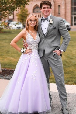 A-Line Lace V Neck Prom Dress Formal Evening Gowns 901494