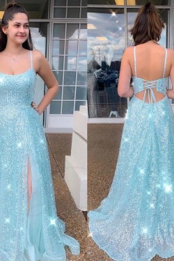 A-Line Sequin Tulle Spaghetti Straps Prom Dress Formal Evening Gowns 901499