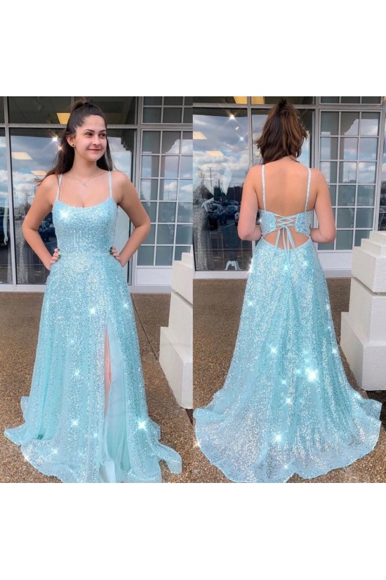 A-Line Sequin Tulle Spaghetti Straps Prom Dress Formal Evening Gowns 901499