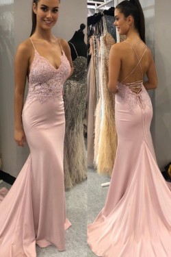 Long Pink Mermaid Lace Spaghetti Straps Prom Dress Formal Evening Gowns 901500