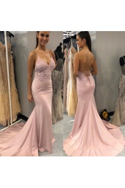 Long Pink Mermaid Lace Spaghetti Straps Prom Dress Formal Evening Gowns 901500