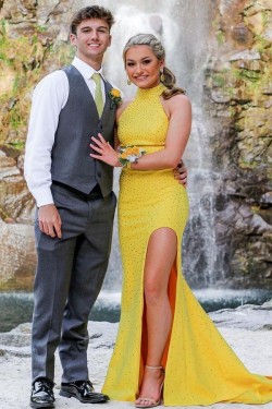 Long Yellow Beaded Prom Dress Formal Evening Gowns 901501