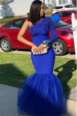 Long Royal Blue Mermaid One Shoulder Prom Dress Formal Evening Gowns 901504