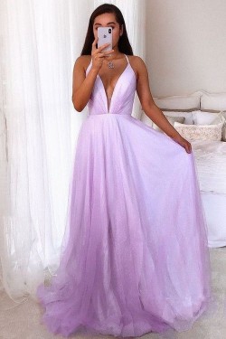 A-Line Tulle V Neck Prom Dress Formal Evening Gowns 901507