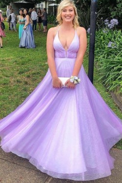 A-Line Tulle V Neck Prom Dress Formal Evening Gowns 901507