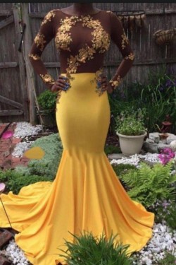 Mermaid Long Yellow Lace Prom Dress Formal Evening Gowns 901512