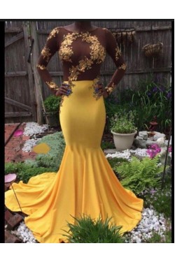 Mermaid Long Yellow Lace Prom Dress Formal Evening Gowns 901512