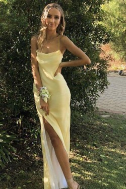 Long Yellow Spaghetti Straps Prom Dress Formal Evening Gowns 901514