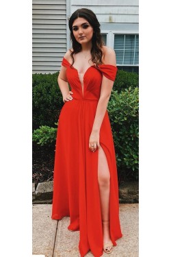 Long Chiffon Off the Shoulder Red Prom Dress Formal Evening Gowns 901516