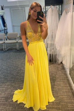 Long Yellow Chiffon Beaded Prom Dress Formal Evening Gowns 901520